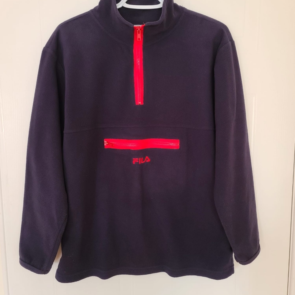 Fila Half-Zip Fleece Sweater Navy Blue/Red Orange Large